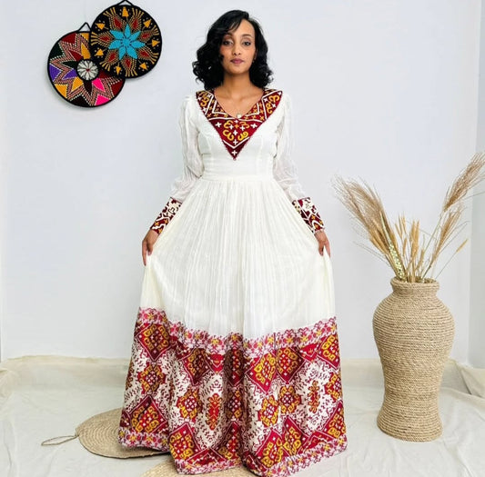 Vibrant White Habesha Kemis - Traditional Ethiopian Dress with Red & Gold Details Bezawit