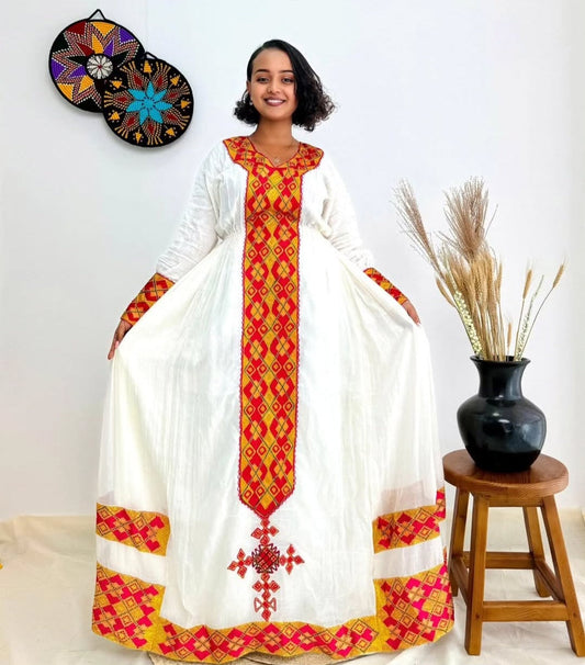 Radiant Ethiopian Traditional Habesha Dress Attire with Red & Gold Motif Bezawit