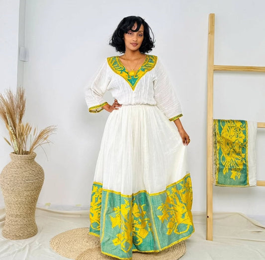 Elegant White Habesha Kemis - Ethiopian Dress with Green & Yellow Tilet Bezawit