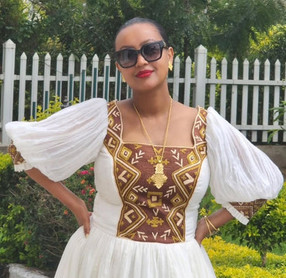 Regal Ethiopian Habesha Dress - Zuria with Gold & Brown Embroidery Bezawit