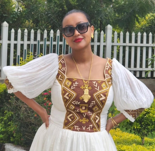 Regal Ethiopian Habesha Dress - Zuria with Gold & Brown Embroidery Bezawit