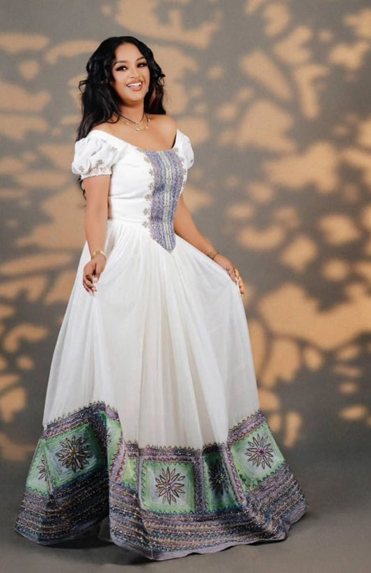 Vibrant Habesha Kemis - Modern Ethiopian Dress with Green & Purple Tibeb Bezawit