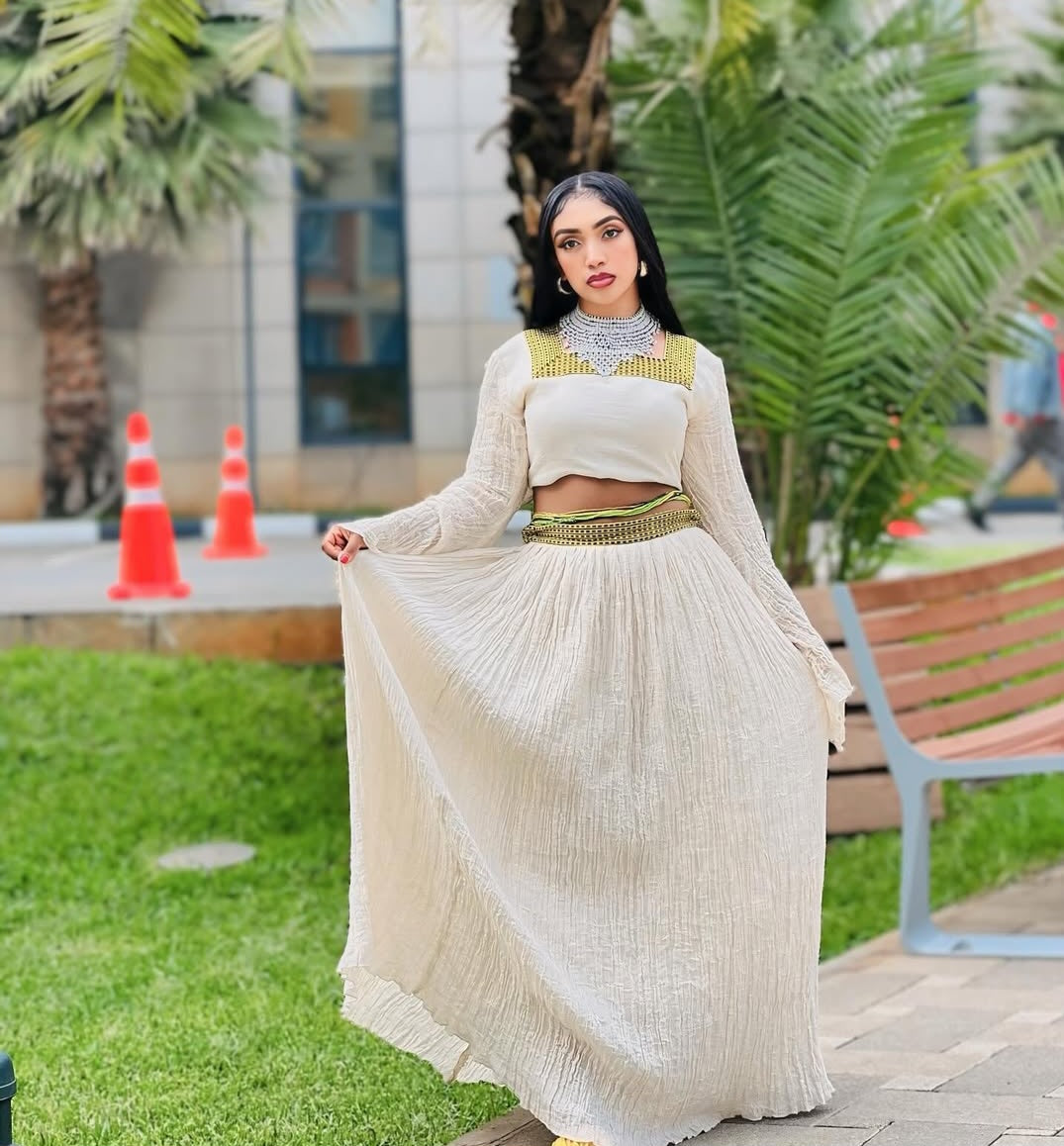 Chic Ivory Habesha Set - Modern Ethiopian Dress with Green & Gold Trim Bezawit