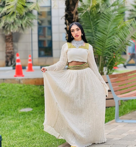 Chic Ivory Habesha Set - Modern Ethiopian Dress with Green & Gold Trim Bezawit