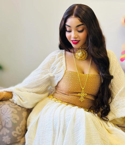 Simple Habesha Dress - White and Gold Ethiopian Gown with Corset Detail Bezawit