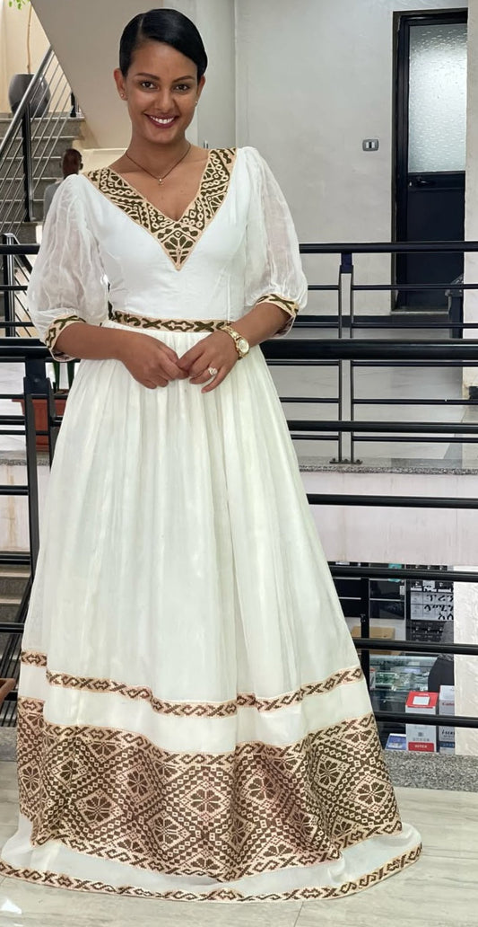 Sophisticated Habesha Zuria - Elegant Ethiopian Dress with Gold Geometric Patterns Bezawit