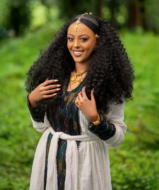 Artistic Gonder Fetel Habesha Dress - Handwoven Ethiopian Attire with Bold Sleeve Details Bezawit