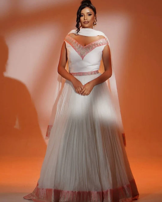Modern Ethiopian Gown - White Habesha-Inspired Dress with Pink Accents Bezawit