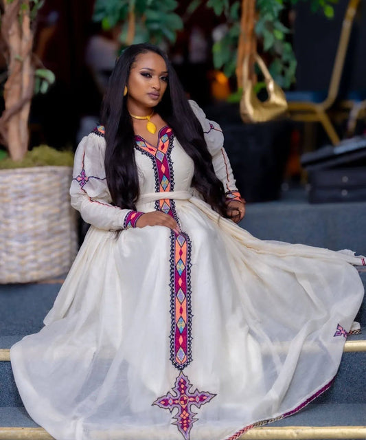 Radiant White Habesha Dress for Women - Vibrant Embroidered Ethiopian Kemis Bezawit