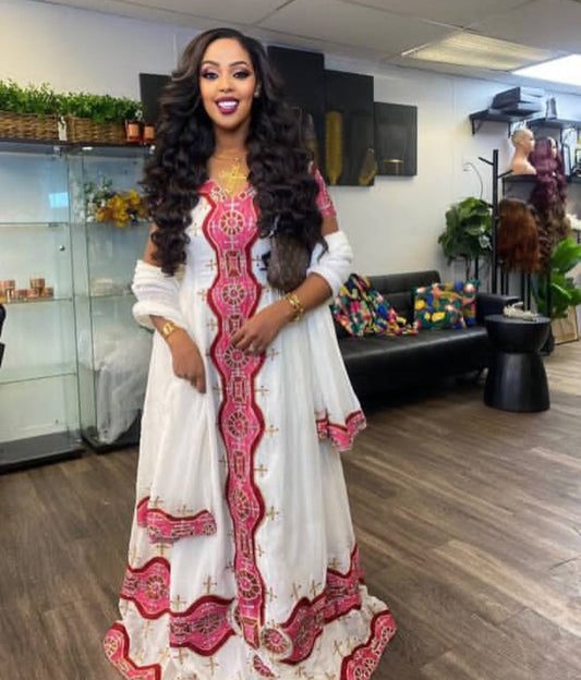 Festive Habesha Dress - White Ethiopian Kemis with Rose Gold Embroidery Bezawit