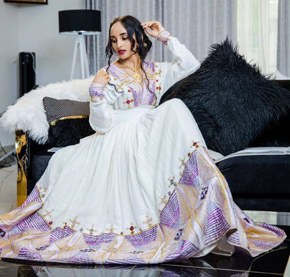 Elegant White Zuria - Classic Ethiopian Dress with Delicate Purple Embroidery Bezawit