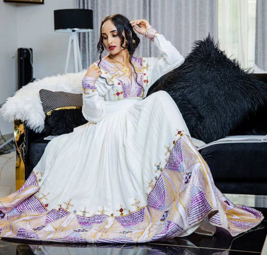Elegant White Zuria - Classic Ethiopian Dress with Delicate Purple Embroidery Bezawit