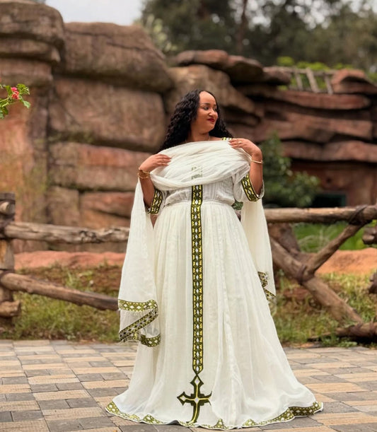 Graceful Ethiopian Habesha Dress - White Kemis with Yellow Cross Embroidery Bezawit