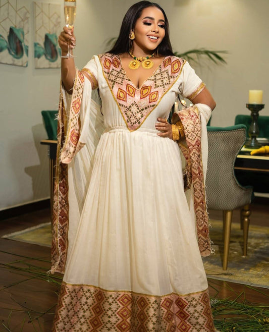 Elegant Modern Habesha Dress - Ethiopian Kemis with Geometric Patterns Bezawit