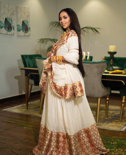 Elegant Modern Habesha Dress - Ethiopian Kemis with Geometric Patterns Bezawit
