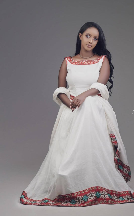 Serene White Habesha Zuria - Ethiopian Traditional Dress with Red Border Bezawit
