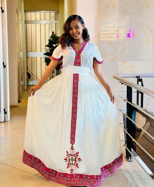 Simple Pink Habesha Dress - Ethiopian Kemis with Central Embroidery Bezawit