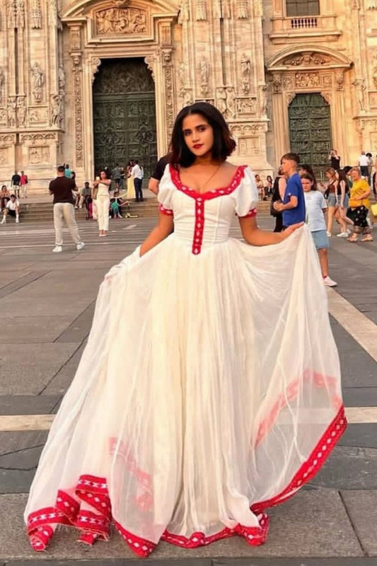 Pure White Habesha Zuria - Simple Ethiopian Dress with Delicate Red Trim Bezawit