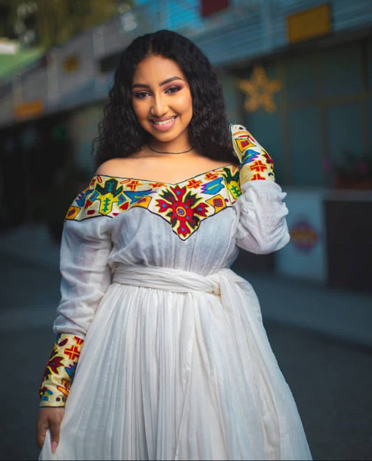 Artistic Off-Shoulder Habesha Dress - Ethiopian Kemis with Vibrant Embroidery Bezawit