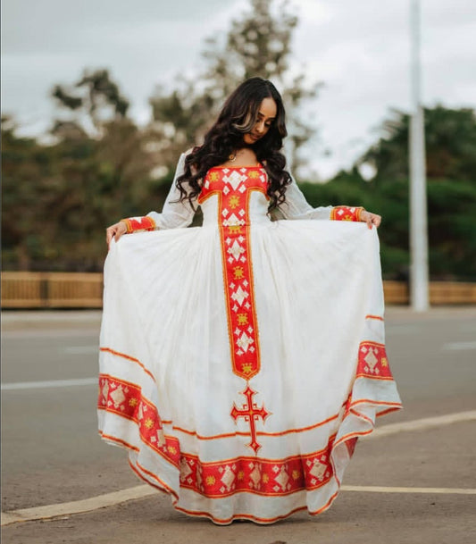 Classic Red & White Habesha Dress - Ethiopian Kemis with Striking Cross Design Bezawit