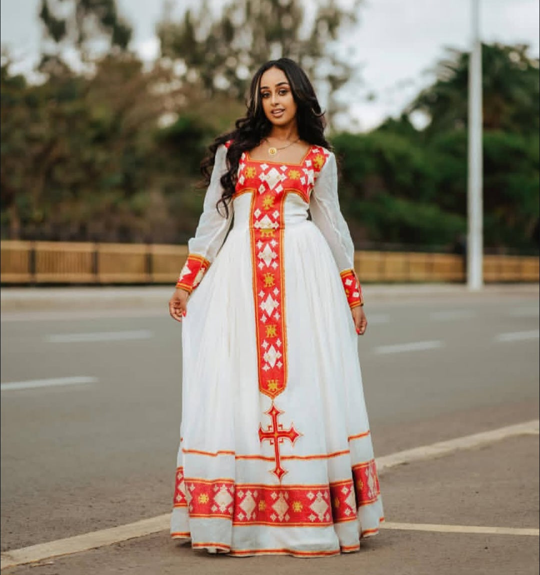 Classic Red & White Habesha Dress - Ethiopian Kemis with Striking Cross Design Bezawit