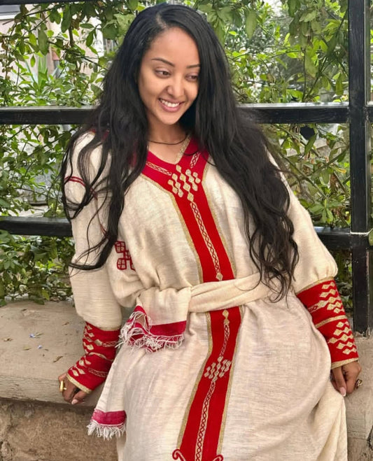 Elegamt Red Gonder Fetel Habesha Dress - Comfortable Ethiopian Kemis Bezawit