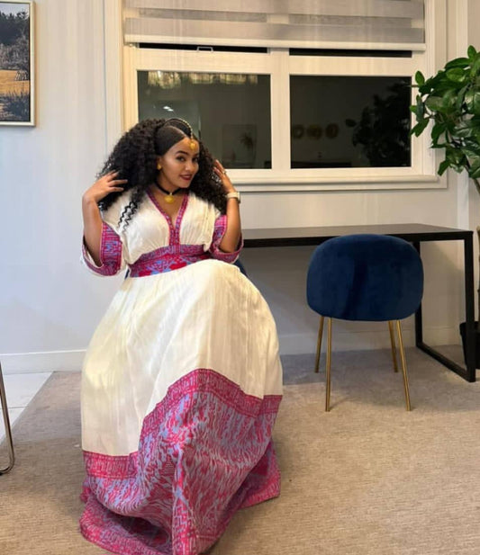 Elegant Pink & Purple Habesha Dress - Ethiopian Zuria with Intricate Patterns Bezawit