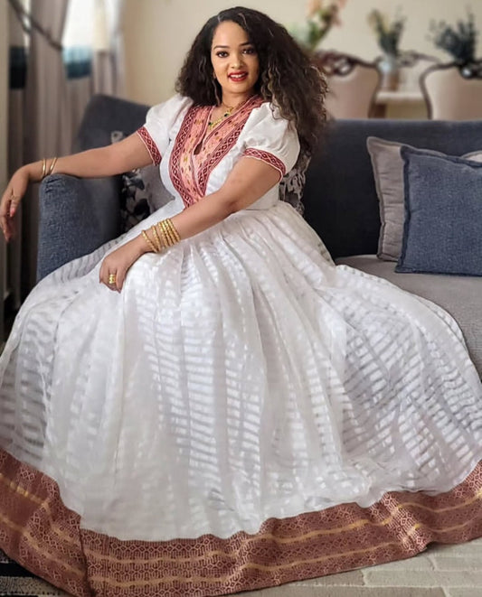 Flowing White Habesha Dress - Ethiopian Kemis for Festivities Bezawit