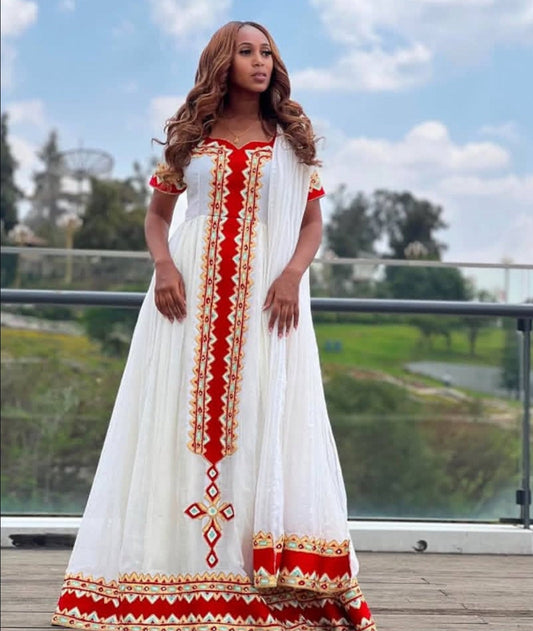 Elegant Habesha Dress with Red Tibeb – Handwoven Ethiopian Traditional Dress for Women Bezawit
