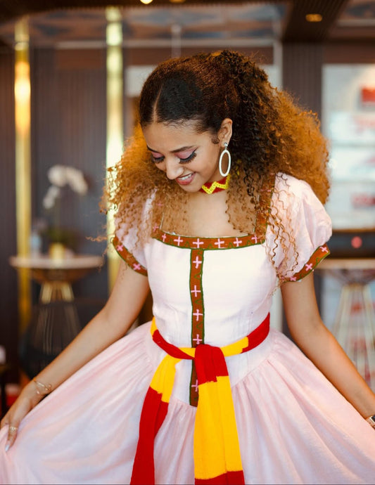 Ethiopian Dress – Red Cotton habesha Kemis with Traditional Cross Design