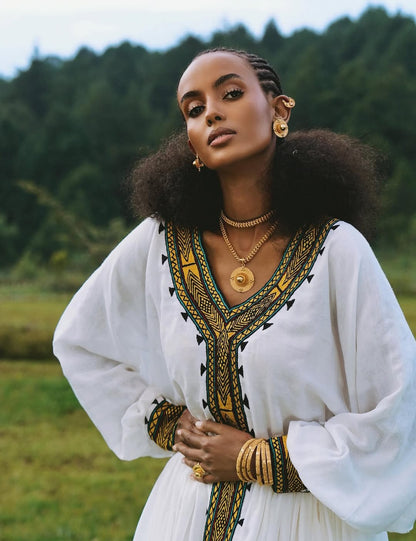 Habesha Dress - Gold & White Dress with Hand-Stitched Borders