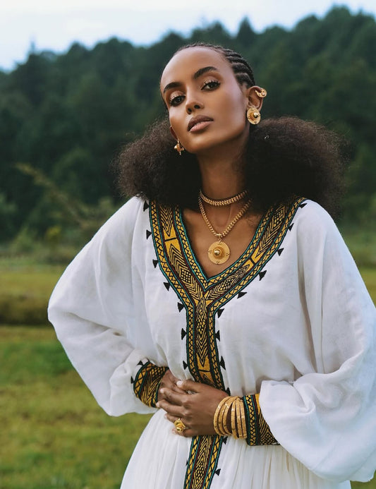 Habesha Dress - Gold & White Dress with Hand-Stitched Borders