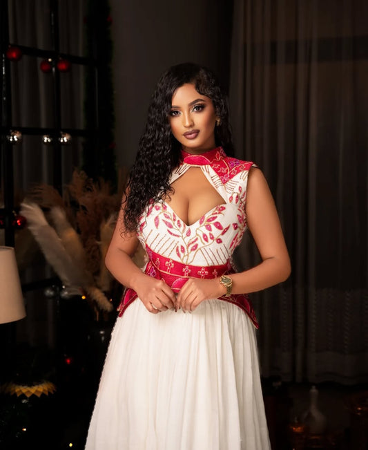 Habesha Dress – White & Red Modern Ethiopian kemis Style with Cutout Detail