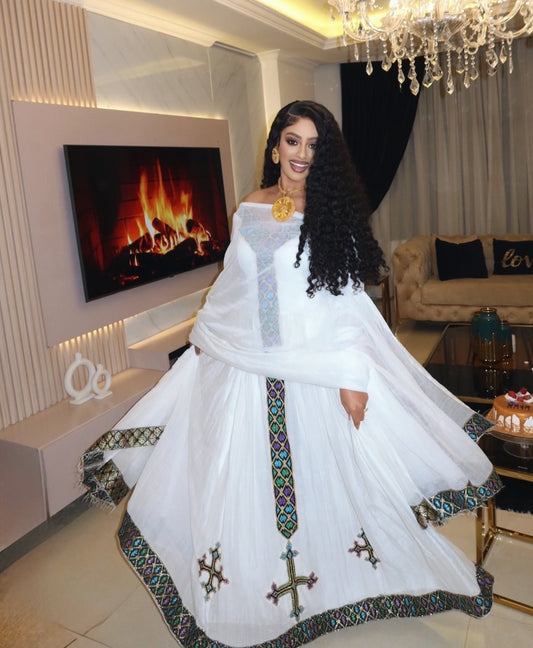 Ethiopian Dress – Elegant White modern Kemis with Black Embroidery