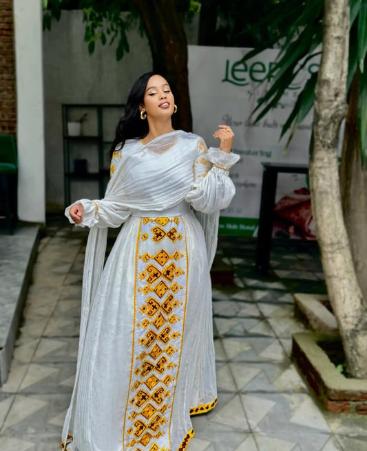Habesha Dress - Elegant Ethiopian Yellow dress for Cultural Celebrations