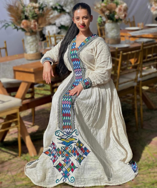 Elegant Eritrean Dress – Sky-Blue Cotton with Silver Thread Embroidery