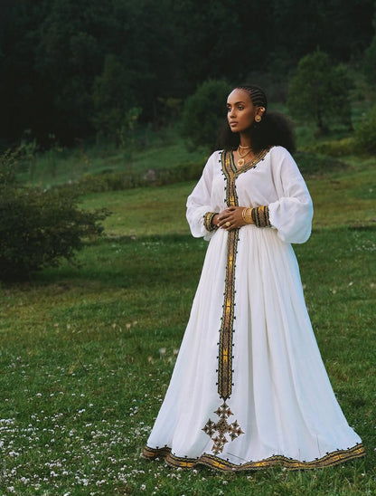 Habesha Dress - Gold & White Dress with Hand-Stitched Borders