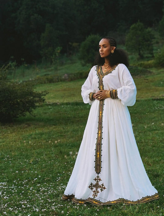 Habesha Dress - Gold & White Dress with Hand-Stitched Borders