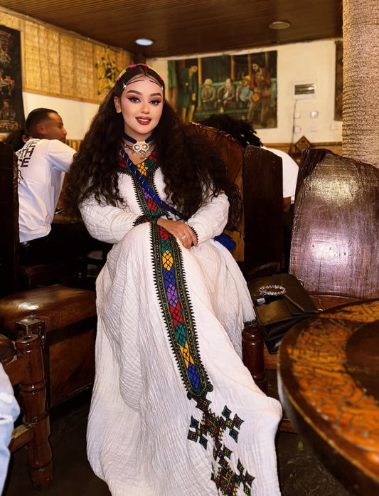 Habesha Dress - Casual Cotton Gonder fetel Style with Colorful Borders