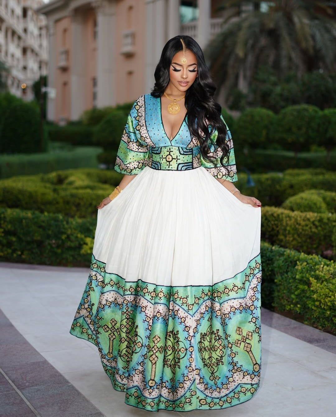 green and white dress women Eritrean material_Cotton Popelin while a heart with Mini Dress Pale Blue Wash:Classic Blue