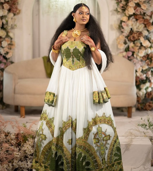 Habesha Kemis - White & Gold Wedding Dress with Netela