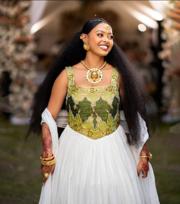 Habesha Kemis – White & stunning Red Modern Style for Engagements