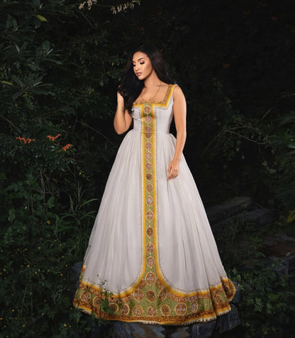 Habesha Dress - Gold & White Dress with Hand-Stitched tibeb