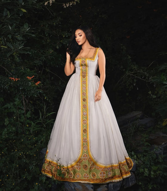 Habesha Dress - Gold & White Dress with Hand-Stitched tibeb