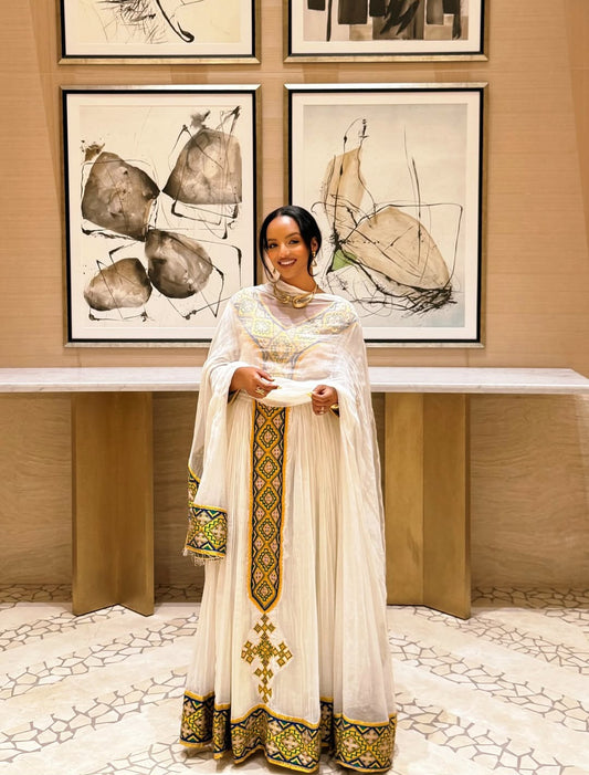 Habesha Dress - Off-White Cotton with a Touch of Gold