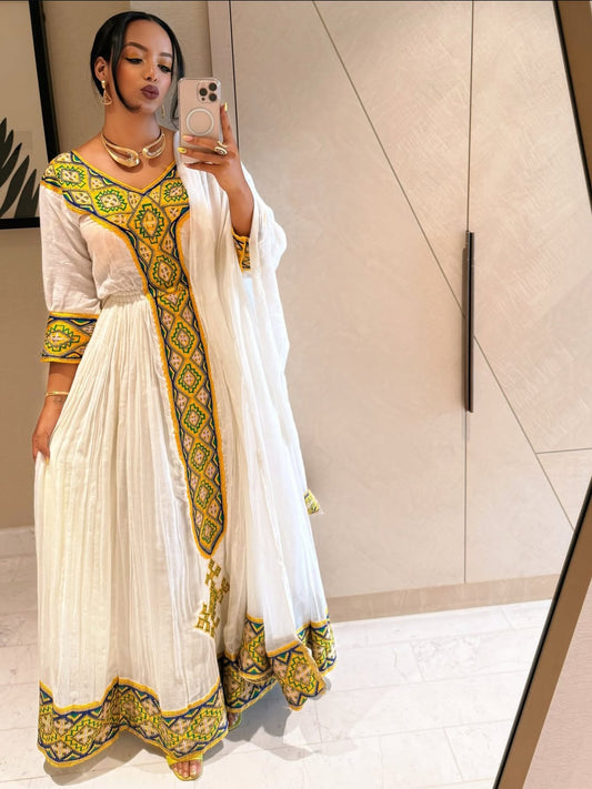 Habesha Dress - Off-White Cotton with a Touch of Gold