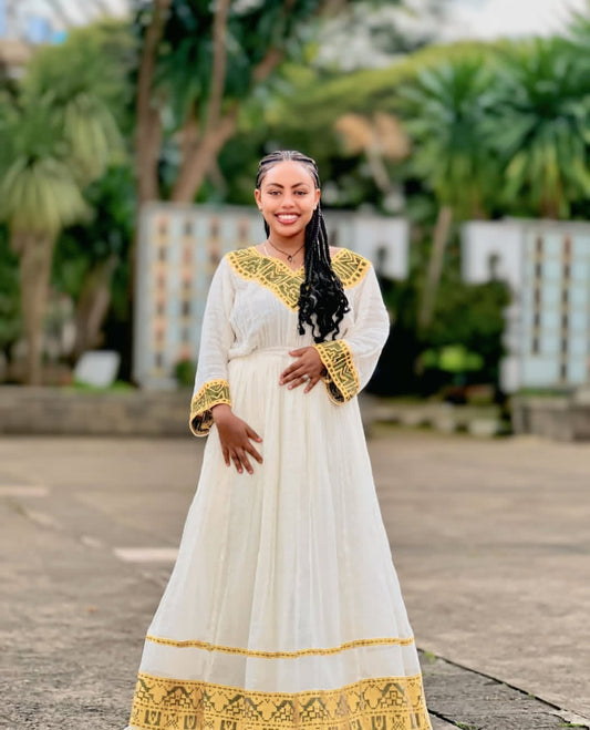 Ethiopian Dress - Full-Length White & Gold Kemis