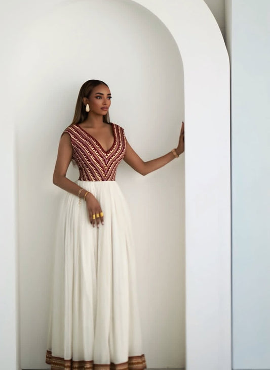 Ethiopian Dress - Cultural Dress with red tilef Embroidery for Celebrations