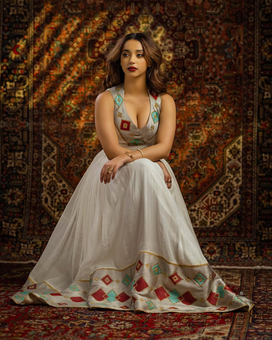 Habesha Libs – White Cotton Outfit with Intricate, Hand-Stitched Tilet