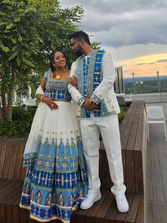 White Wedding Habesha Kemis & Matching Men's Shirt - couples set